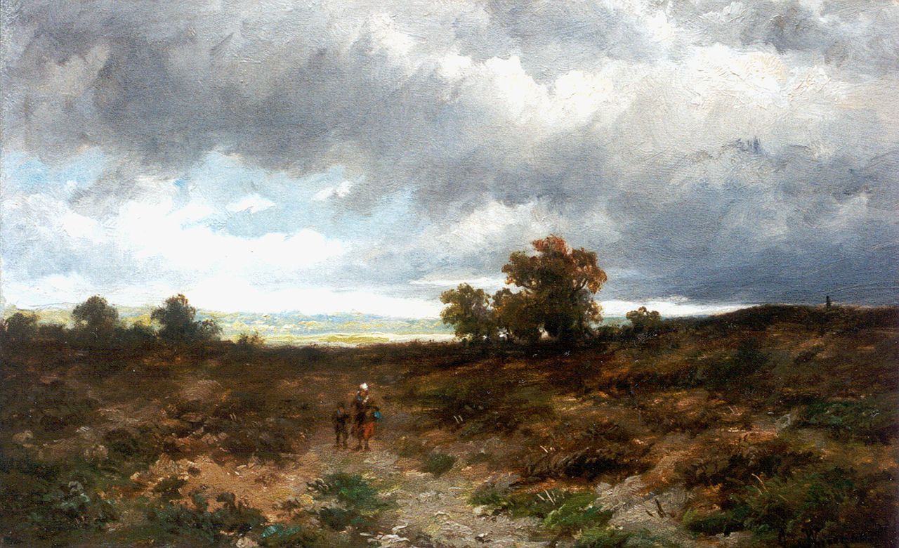 Wijngaerdt A.J. van | Anthonie Jacobus van Wijngaerdt, Figures in an extensive landscape, oil on panel 15.8 x 25.6 cm, signed l.r.