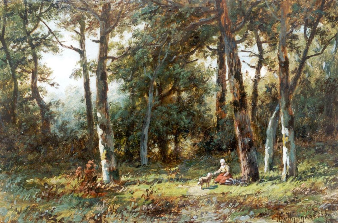 Wijngaerdt A.J. van | Anthonie Jacobus van Wijngaerdt, Travellers resting in a wooded landscape, oil on panel 15.8 x 23.9 cm, signed l.r.