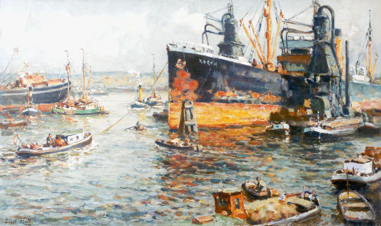 Moll E.  | Evert Moll, Providing the ships, Rotterdam, oil on canvas 60.6 x 101.0 cm, signed l.l.