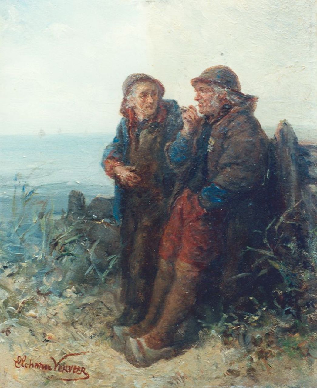 Verveer E.L.  | 'Elchanon' Leonardus Verveer, The conversation, oil on panel 18.5 x 14.8 cm, signed l.l.