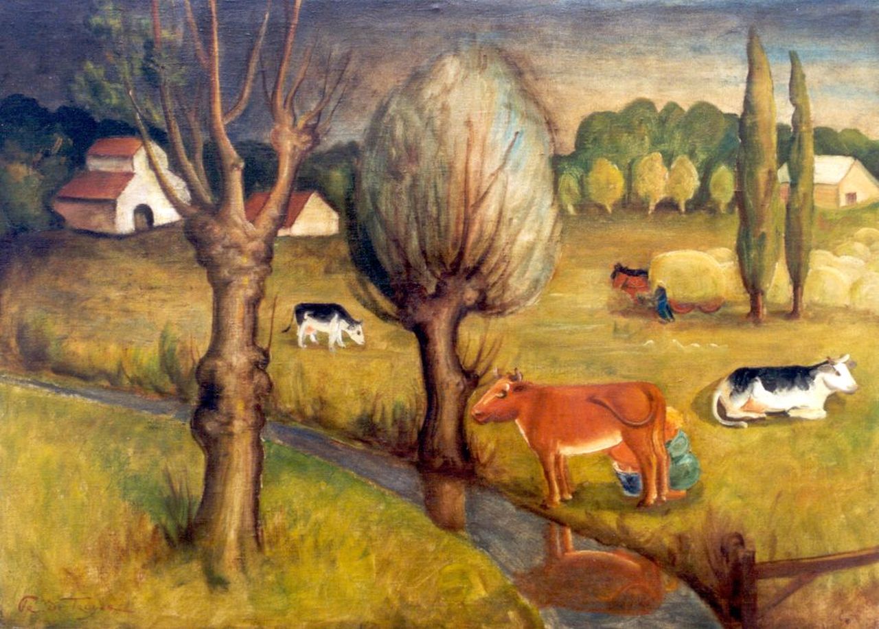 Troyer P. de | Prosper de Troyer, Milking the cows, oil on canvas 88.2 x 120.8 cm, signed l.l.