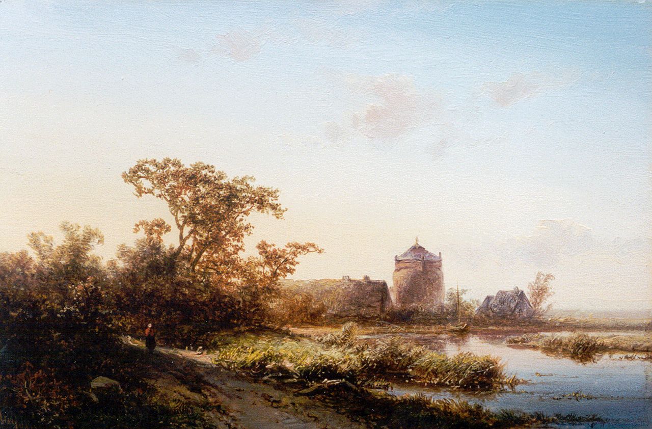 Kluyver P.L.F.  | 'Pieter' Lodewijk Francisco Kluyver, A river landscape at sunset, oil on panel 18.0 x 27.4 cm, signed l.l.