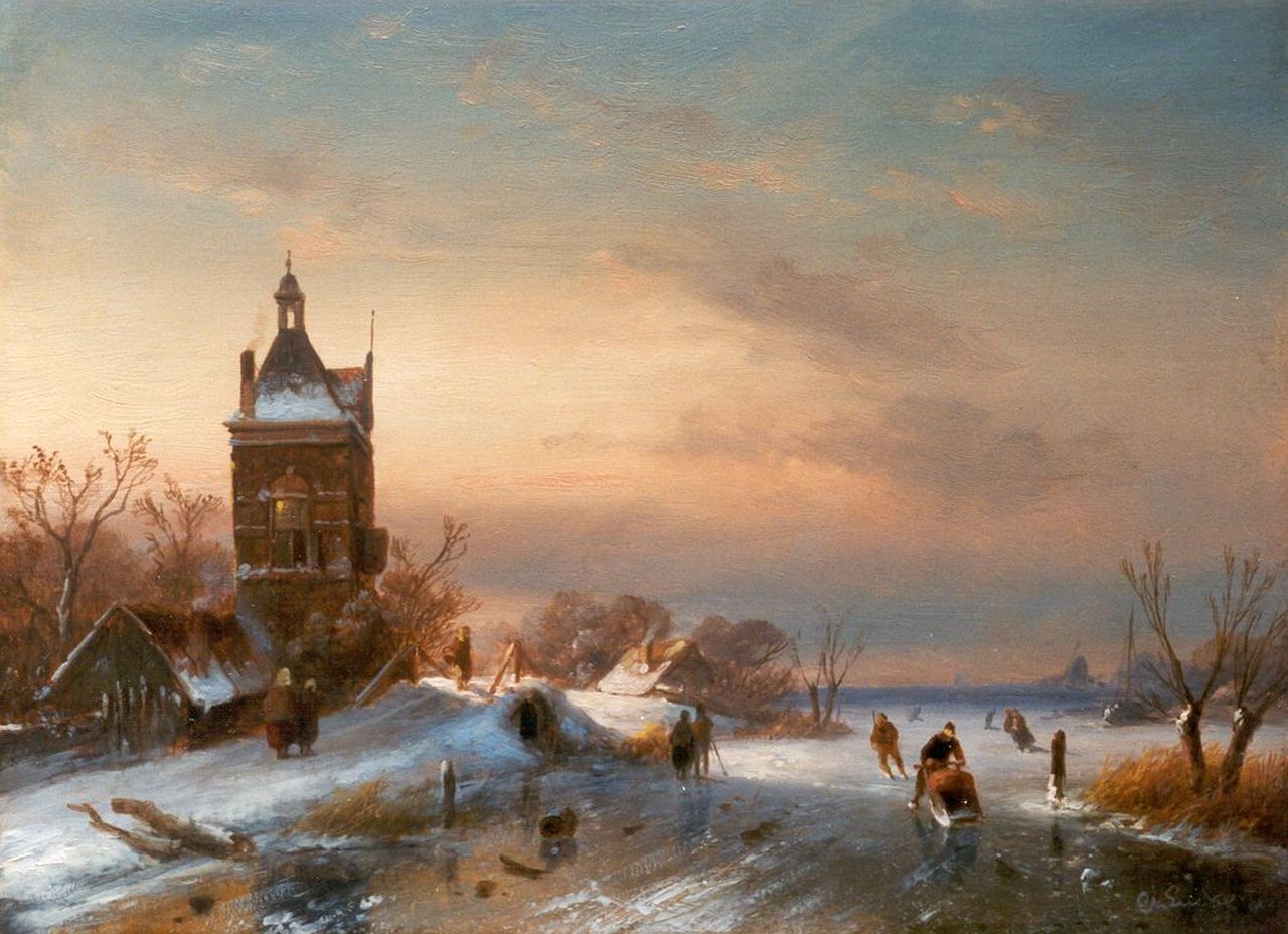 Leickert C.H.J.  | 'Charles' Henri Joseph Leickert, Skaters on a frozen waterway, oil on panel 23.6 x 32.0 cm, signed l.r.