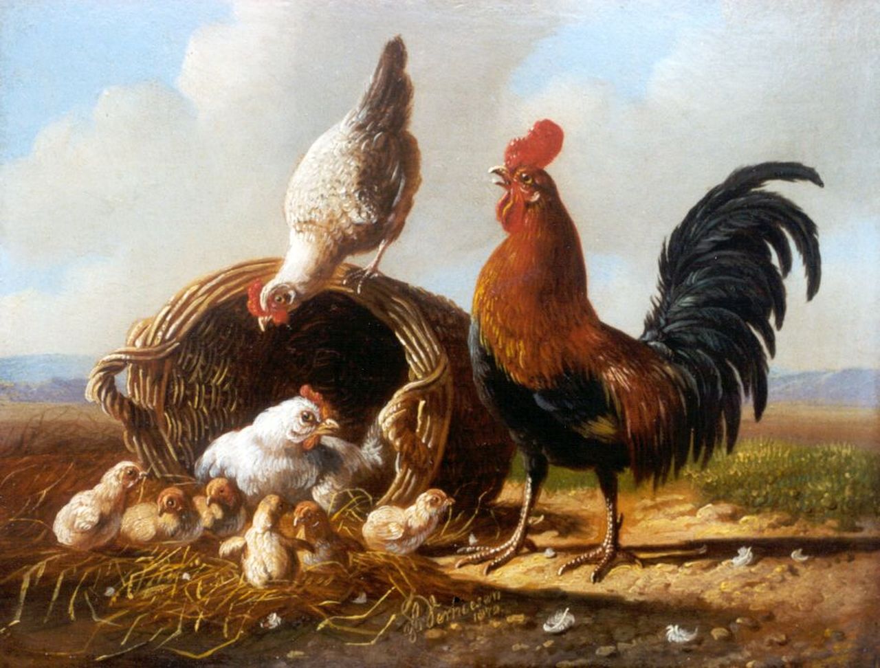 Verhoesen A.  | Albertus Verhoesen, A rooster, hen and chicks, oil on panel 13.5 x 17.1 cm, signed l.c. and dated 1872