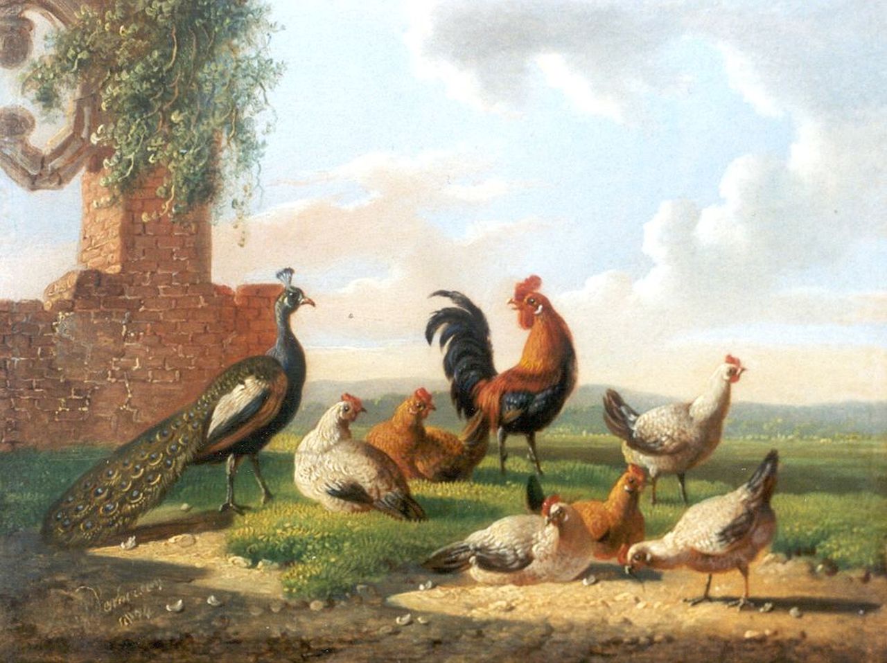 Verhoesen A.  | Albertus Verhoesen, Poultry at a ruin, oil on panel 13.2 x 17.5 cm, signed l.l. and painted 1874