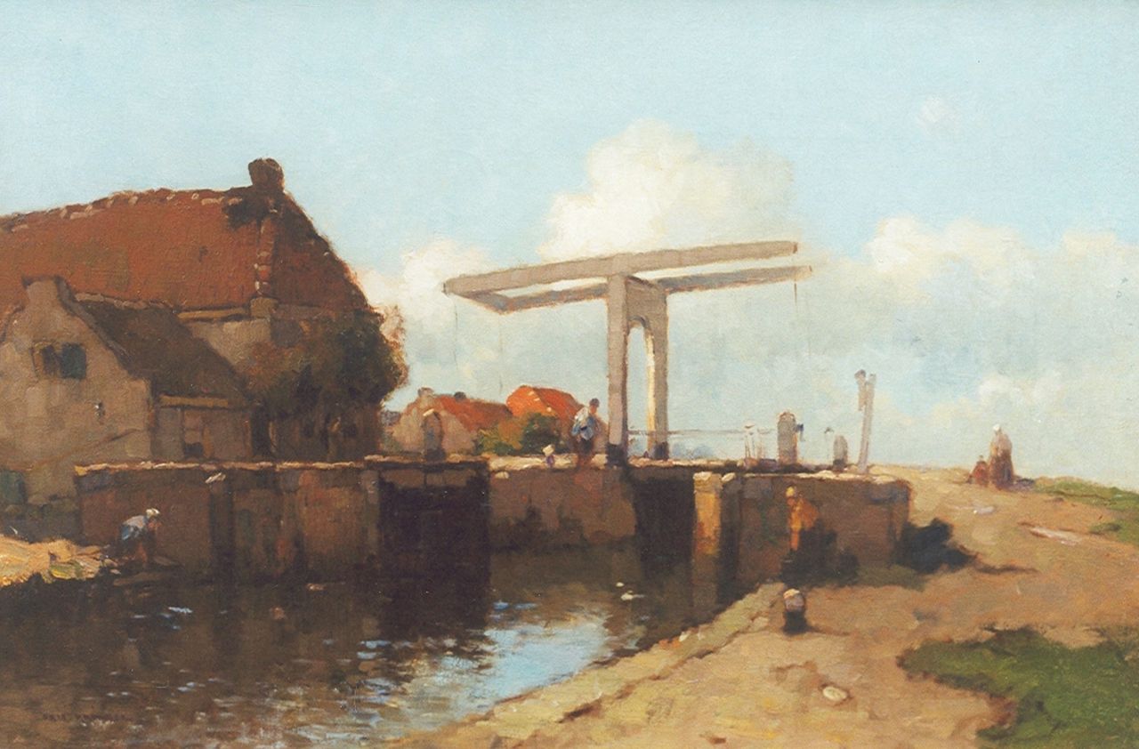 Knikker A.  | Aris Knikker, View on a lock with a drawbridge, oil on canvas 40.2 x 60.2 cm, signed l.l.
