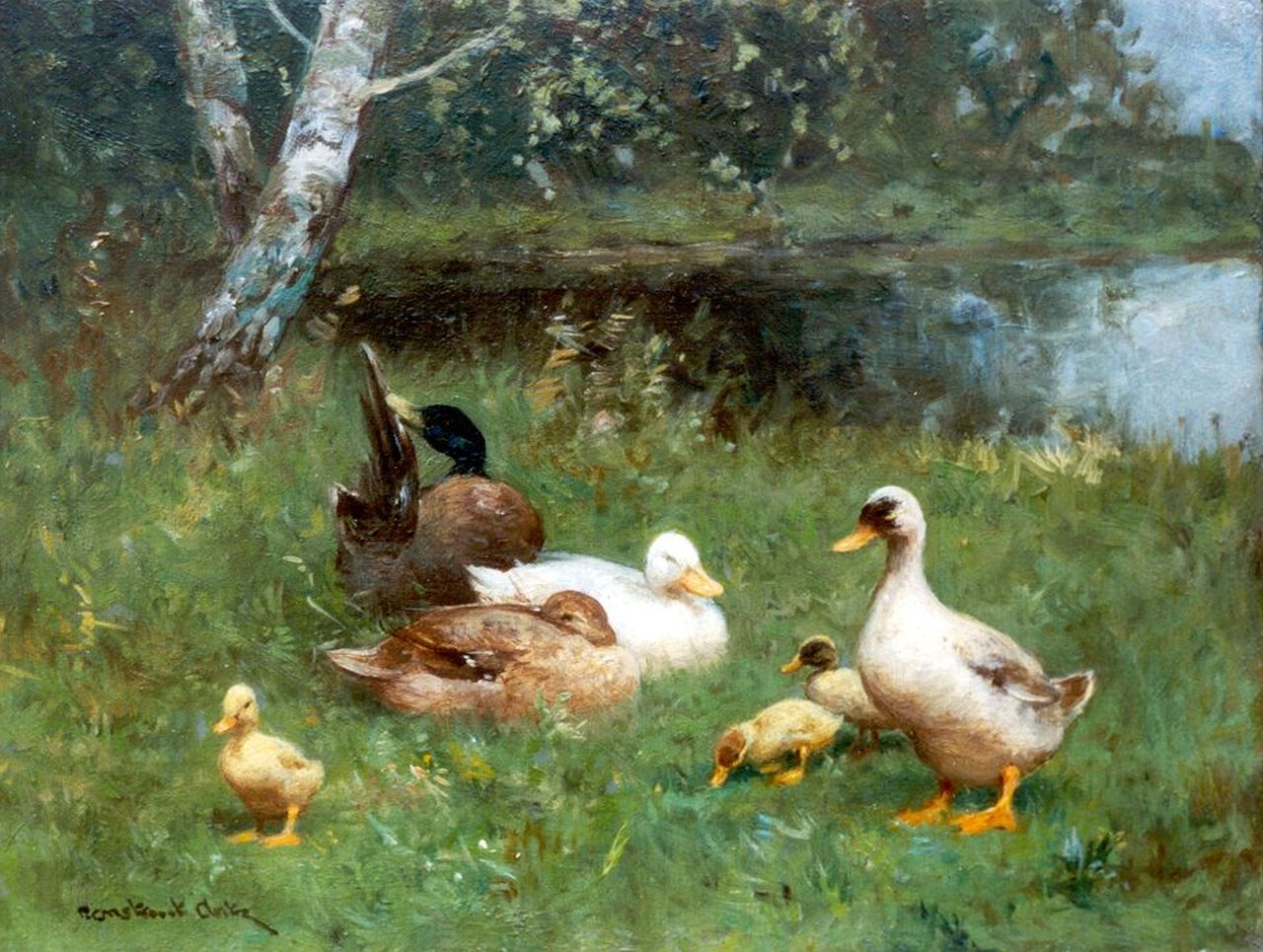 Artz C.D.L.  | 'Constant' David Ludovic Artz, Ducks on the riverbank, oil on panel 18.1 x 23.8 cm, signed l.l.