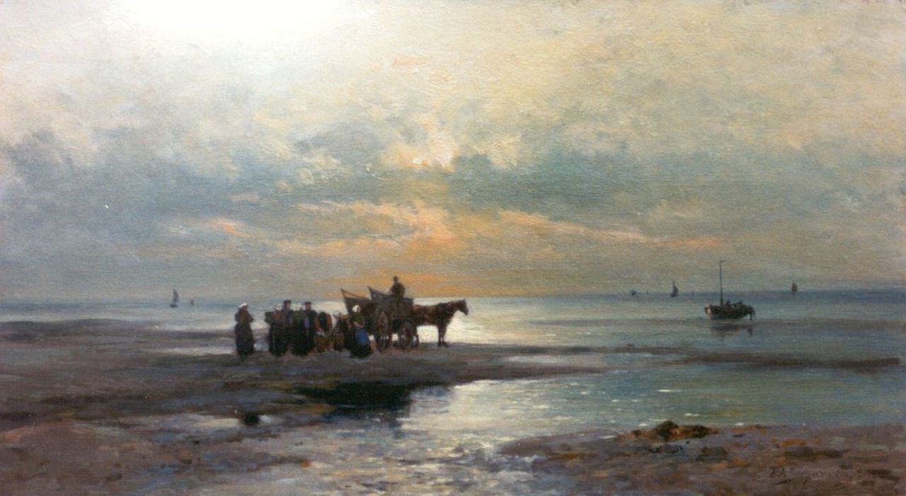 Schipperus P.A.  | Pieter Adrianus 'Piet' Schipperus, Gathering kelp at sunset, 32.0 x 57.7 cm, signed l.r. and on the reverse and dated 1919