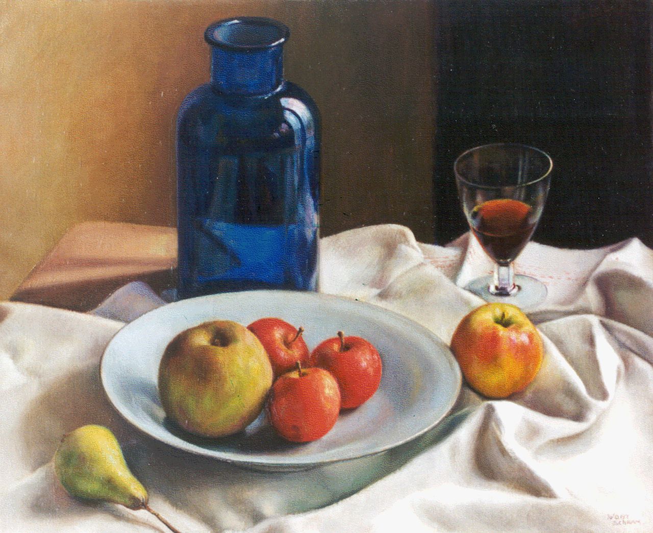 Schram W.J.B.A.  | Wouter Jorinus Bernardus Antonius 'Wout' Schram, Still life with apples and a stoppered bottle, oil on canvas 49.8 x 60.4 cm, signed l.r. and on the reverse twice