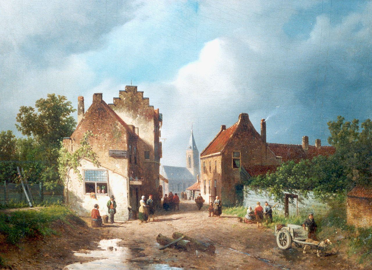 Vrolijk J.A.  | Jacobus 'Adriaan' Vrolijk, A sunlit street, oil on panel 30.8 x 42.1 cm, signed l.r. and dated '49