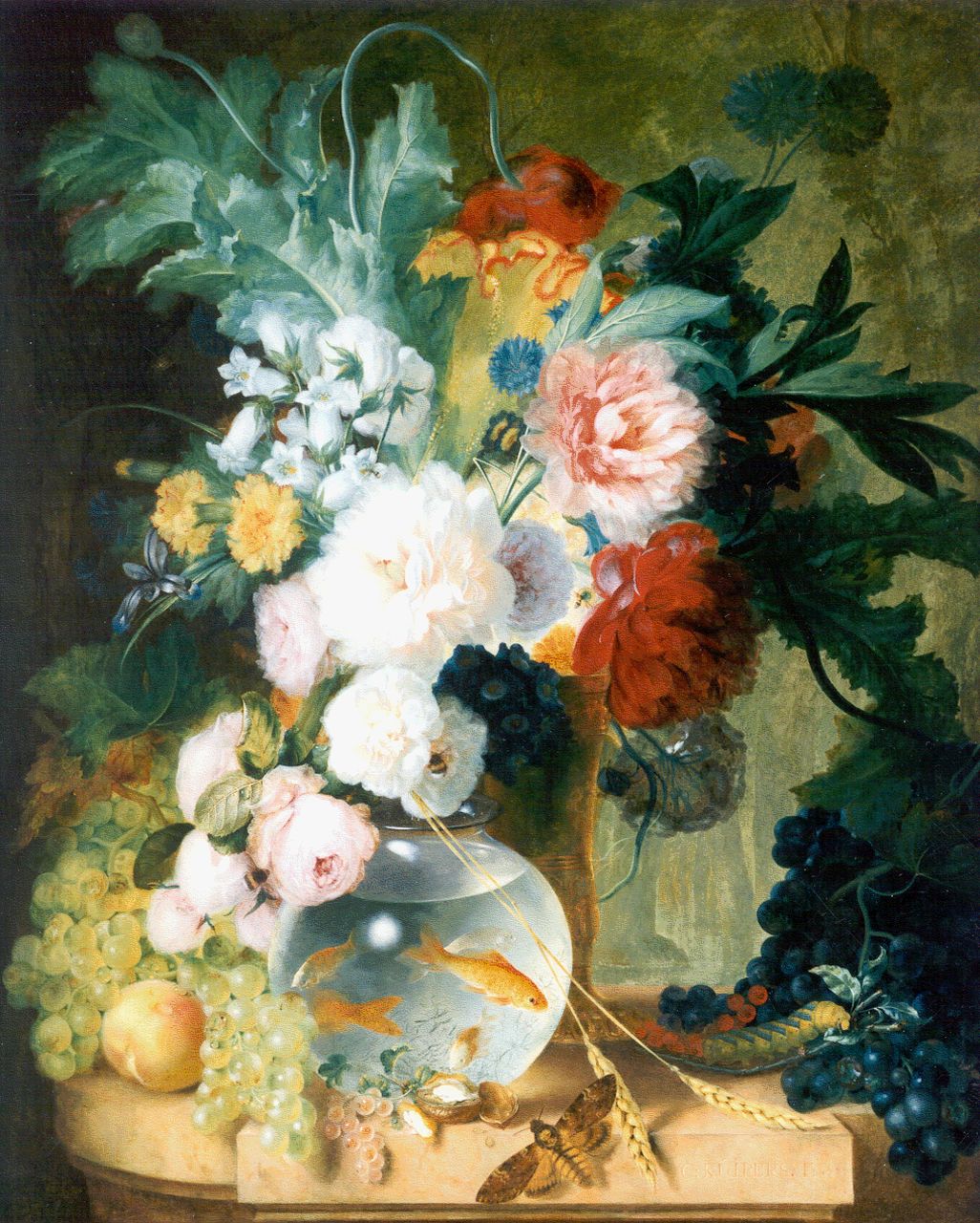 Kuipers C.  | Cornelis Kuipers, A still life with flowers, grapes and a butterfly on a marble ledge, oil on panel 87.0 x 70.0 cm, signed l.r. and dated 1777