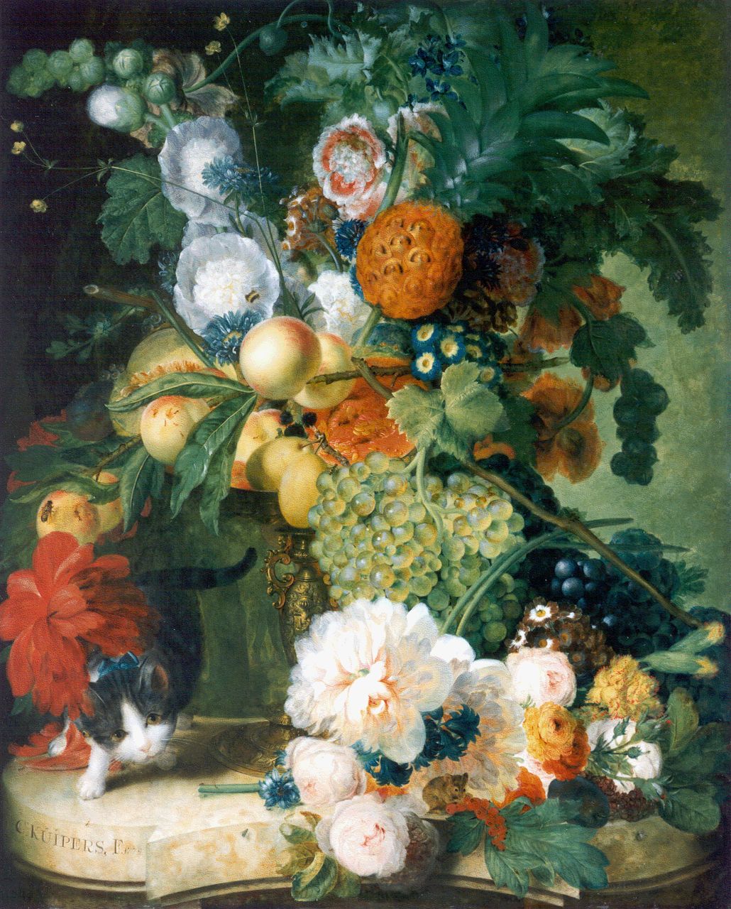 Kuipers C.  | Cornelis Kuipers, A colourful bouquet and a cat on a marble table, oil on panel 87.0 x 70.0 cm, signed l.l. and dated 1779