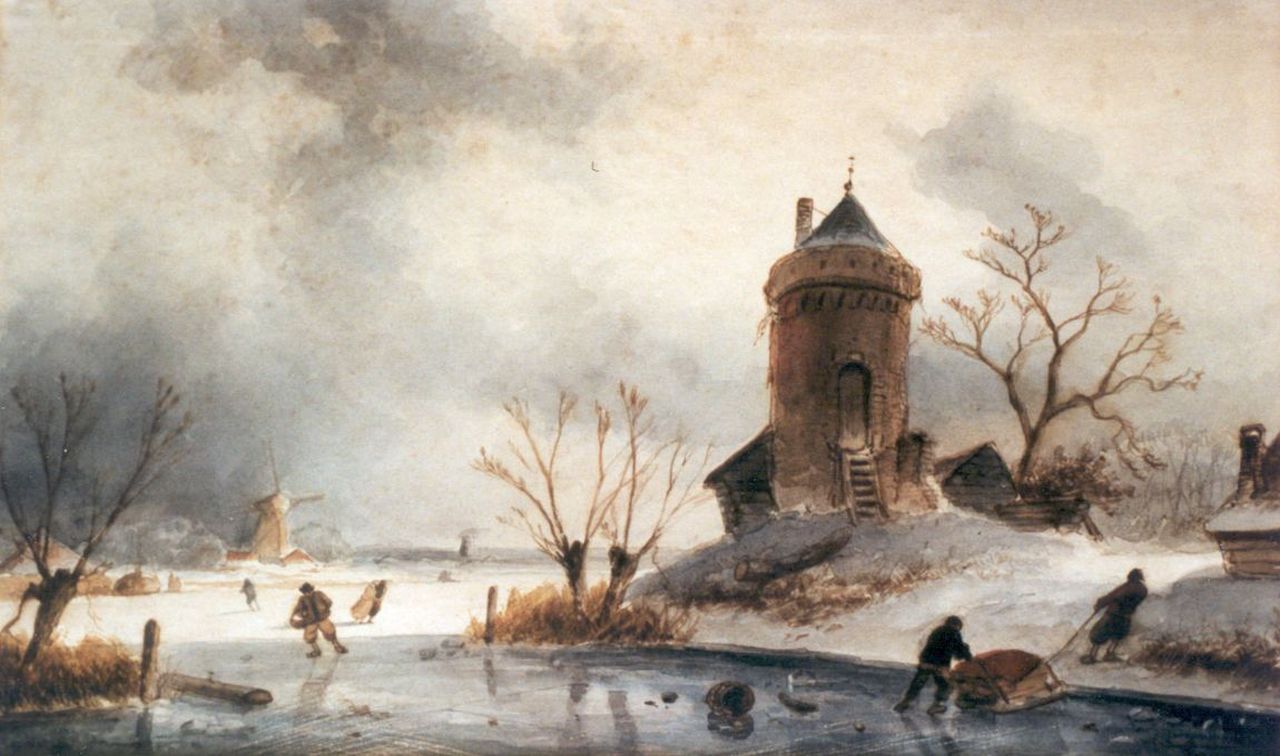 Leickert C.H.J.  | 'Charles' Henri Joseph Leickert, A winter landscape with skaters on the ice, watercolour on paper 20.5 x 34.0 cm, signed l.l.