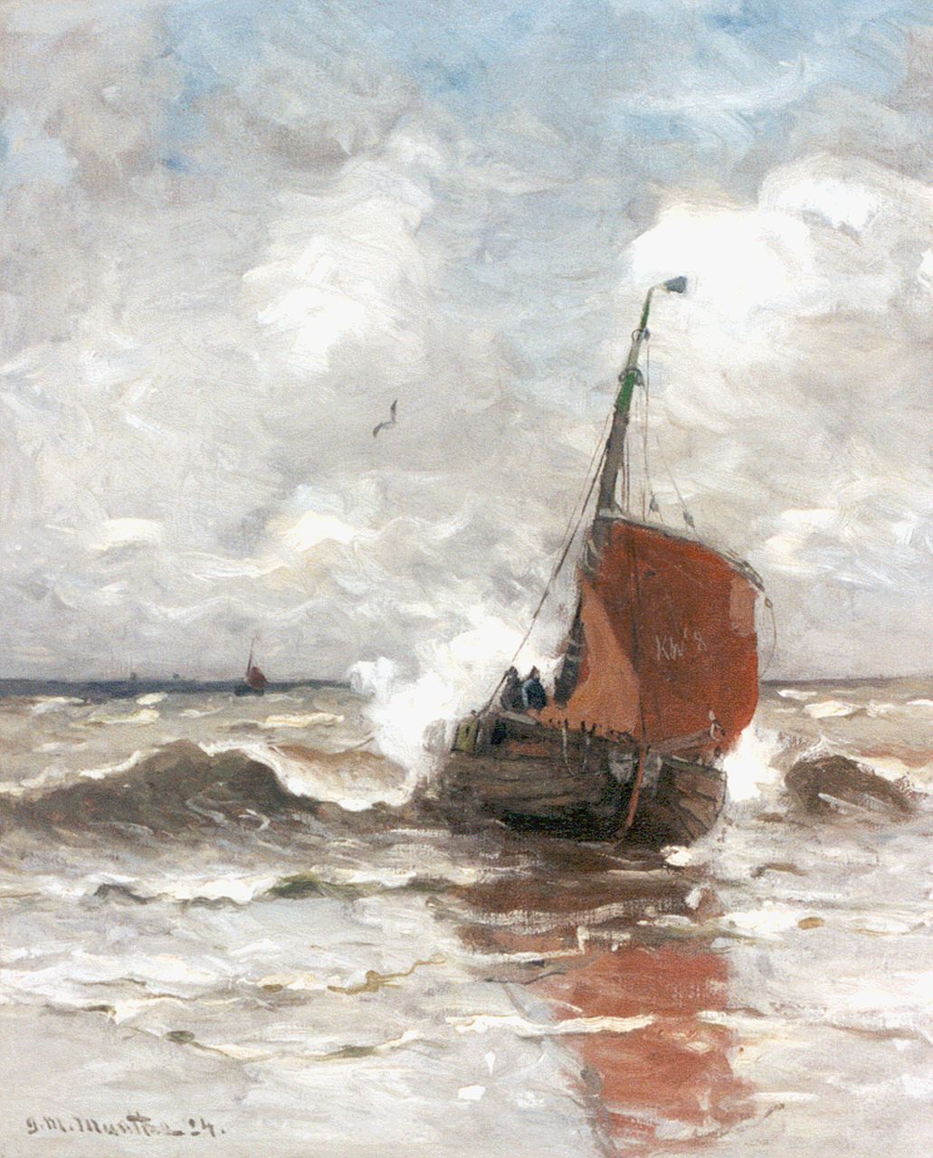 Munthe G.A.L.  | Gerhard Arij Ludwig 'Morgenstjerne' Munthe, A 'bomschuit' in the surf, oil on canvas 50.5 x 41.0 cm, signed l.l. and dated '24