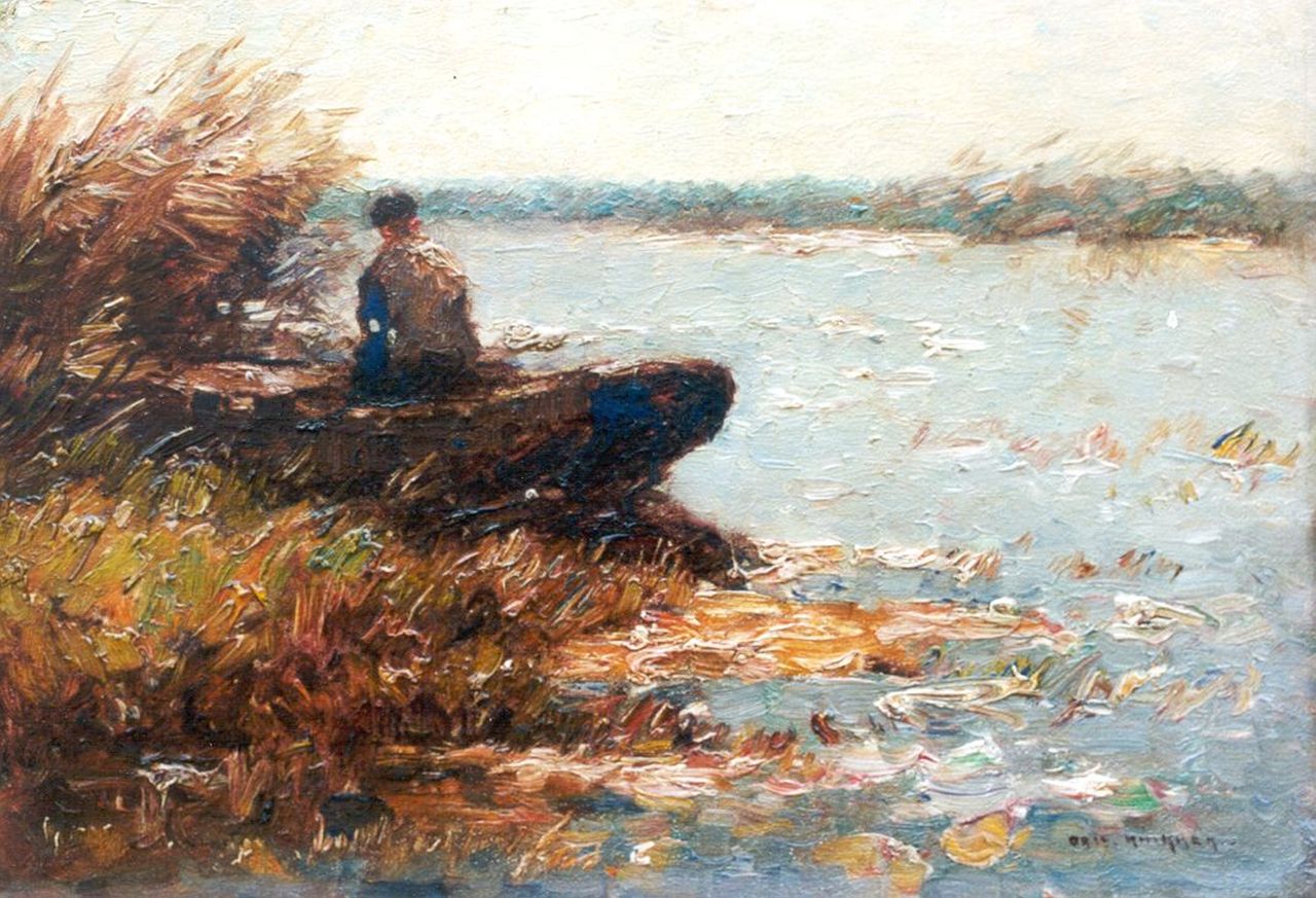 Knikker A.  | Aris Knikker, An angler in a polder landscape, oil on painter's board 25.9 x 36.9 cm, signed l.r.