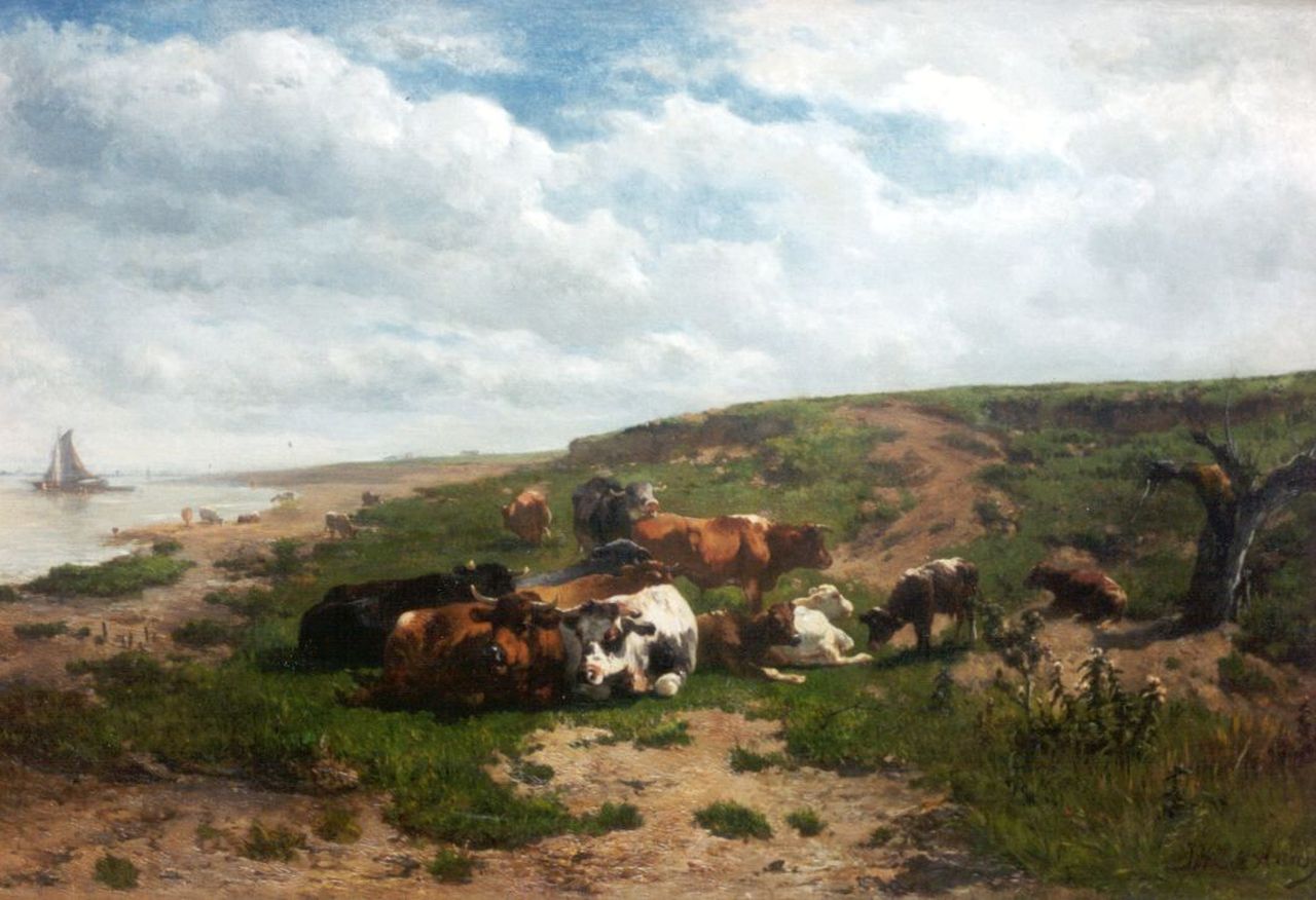 Haas J.H.L. de | Johannes Hubertus Leonardus de Haas, Rustend vee op een rivieroever, oil on canvas 48.7 x 71.0 cm, gesigneerd rechtsonder