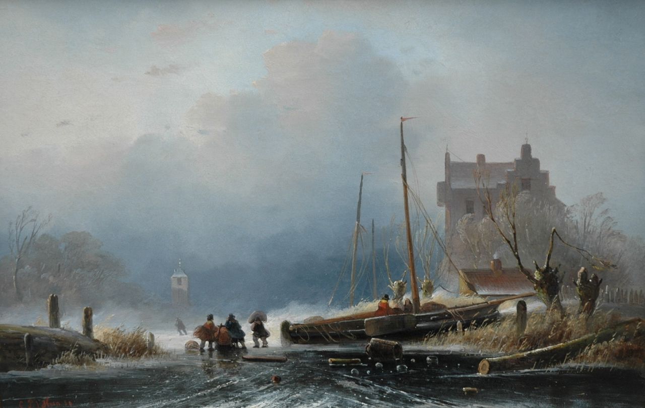 Hoen C.P. 't | Cornelis Petrus 't Hoen, A winter landscape with an iced flatboat, oil on panel 28.1 x 43.5 cm, signed l.l. and dated '50