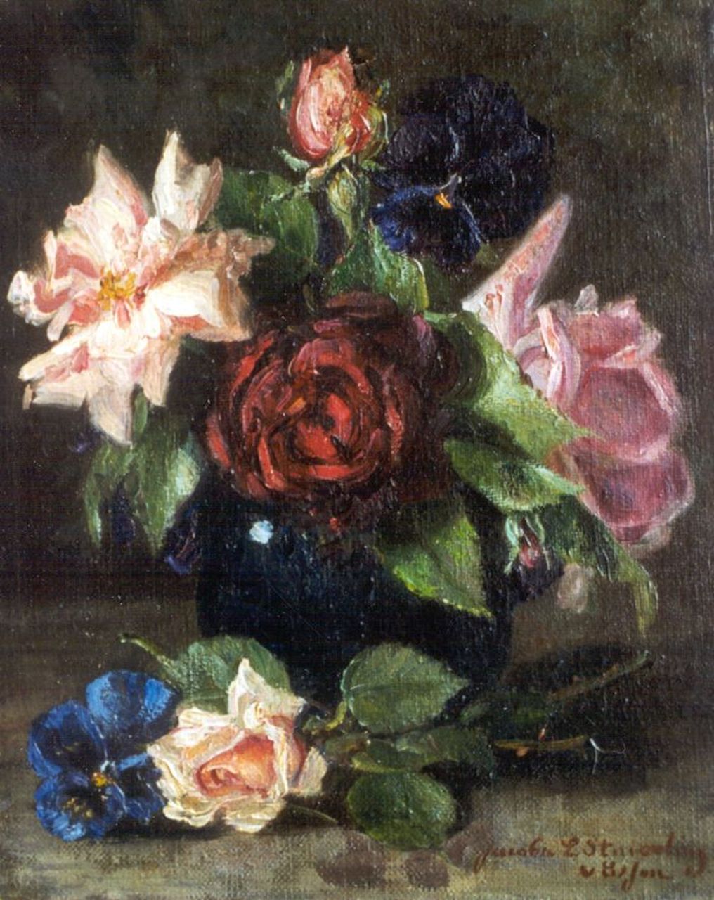 Stuiveling-van Essen L.J.  | Louise Jacoba 'Jacoba L.' Stuiveling-van Essen, A still life with roses, oil on canvas 25.2 x 20.2 cm, signed l.r.