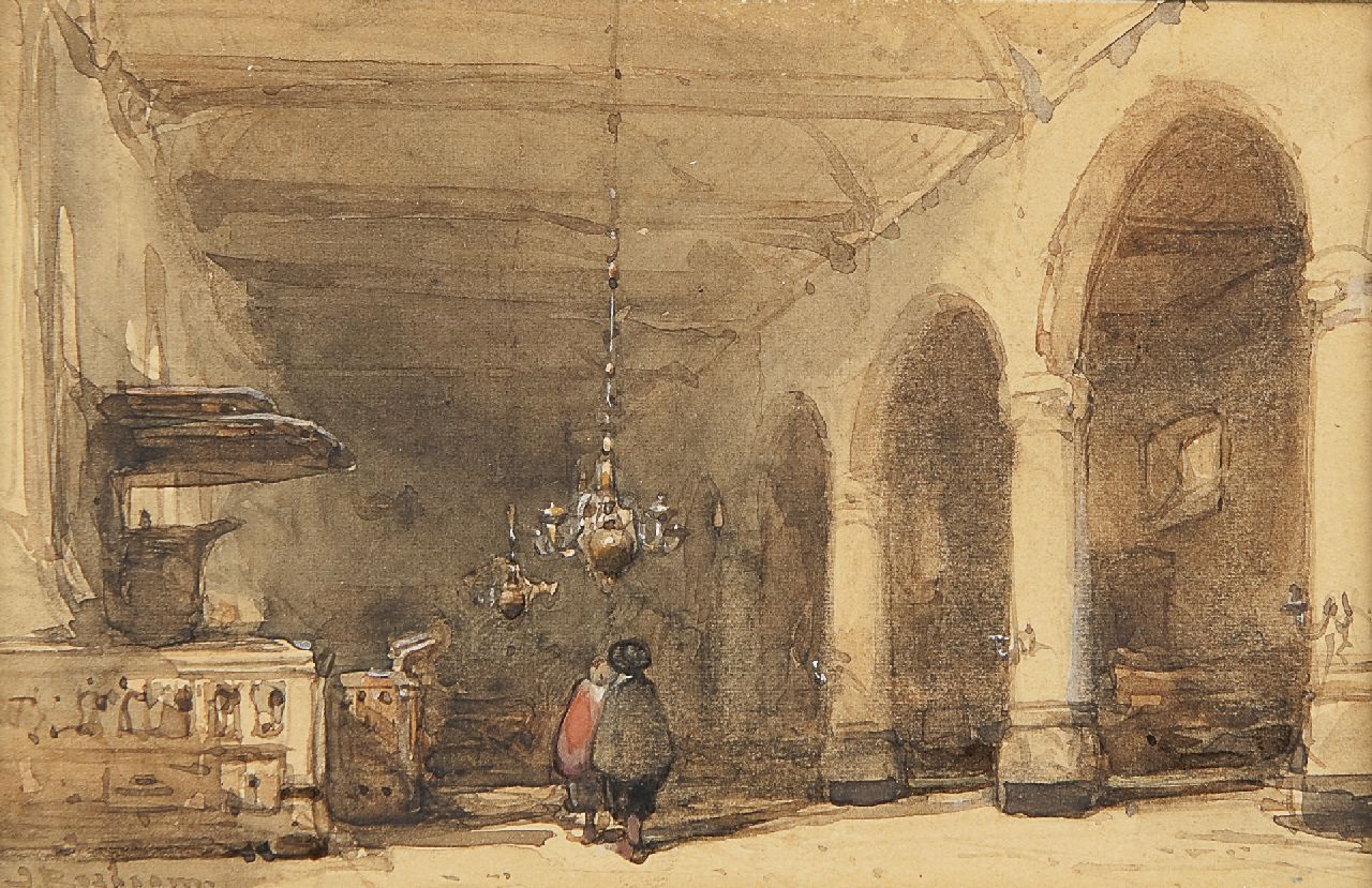 Bosboom J.  | Johannes Bosboom, the Bakenesserkerk, Haarlem, with pulpit, watercolour on paper 9.0 x 13.8 cm, signed l.l.