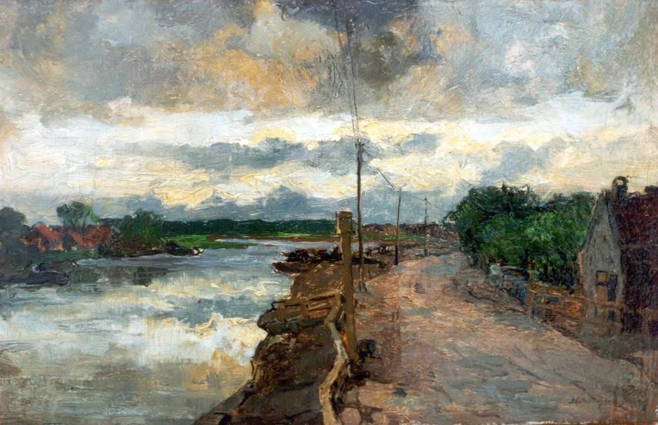 Mastenbroek J.H. van | Johan Hendrik van Mastenbroek, Showery weather, Schiedam, oil on canvas 21.2 x 32.9 cm, signed l.r. and dated 1905