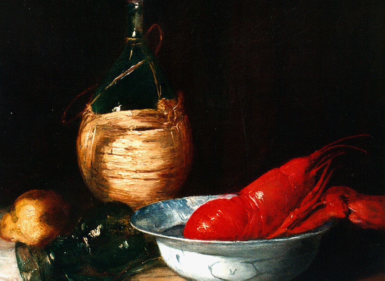 Vollon A.  | Antoine Vollon, Still life with a lobster and winebottle, oil on canvas 38.5 x 46.5 cm, signed l.r.