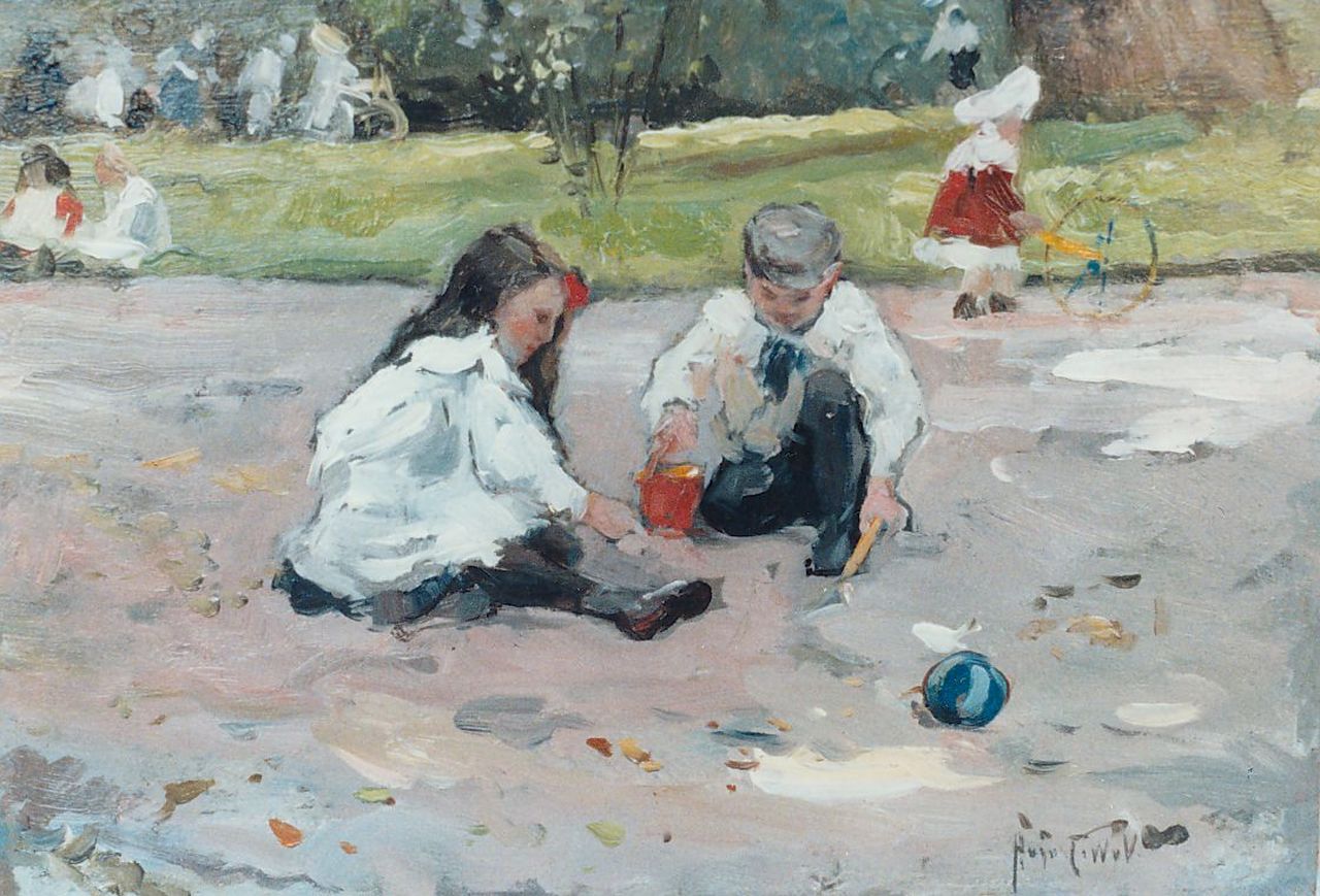 Voorden A.W. van | August Willem van Voorden, Children playing in a parc, oil on board 22.5 x 32.5 cm, signed l.r. with initials