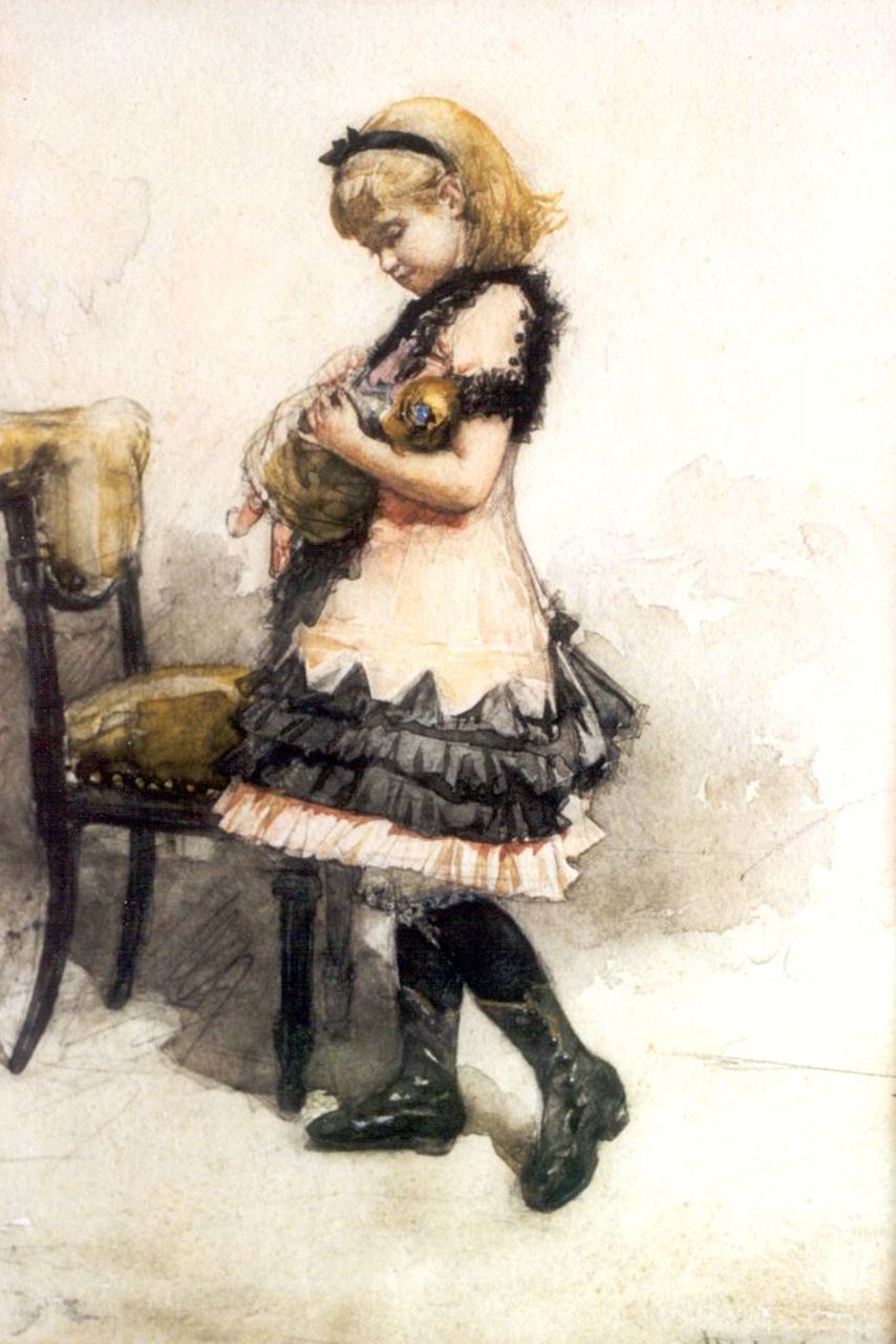 Haverman H.J.  | Hendrik Johannes Haverman, A Girl with a Doll, pencil, chalk and watercolour on paper 31.5 x 21.5 cm, signed l.r.