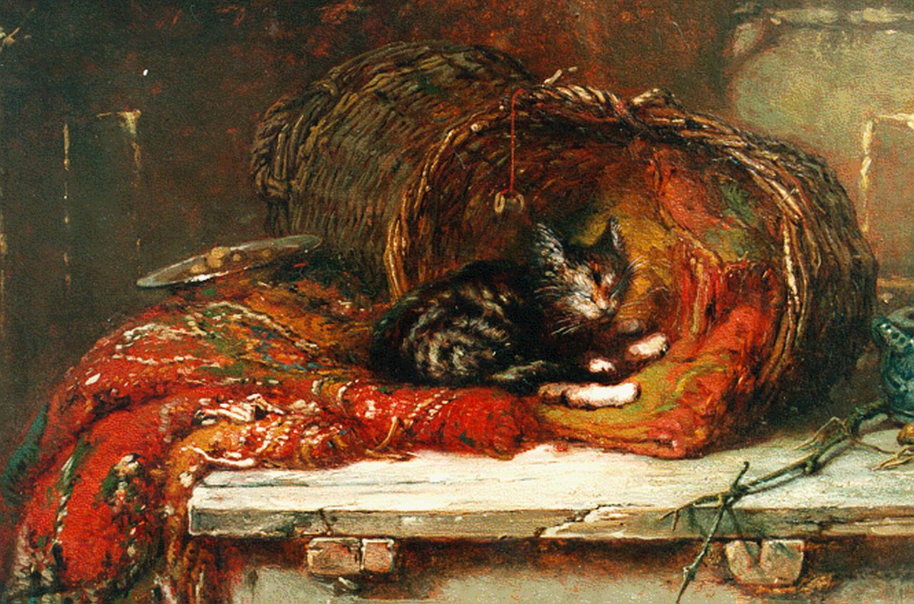 Vos M.  | Maria Vos, A still life with a cat, oil on panel 22.8 x 30.4 cm