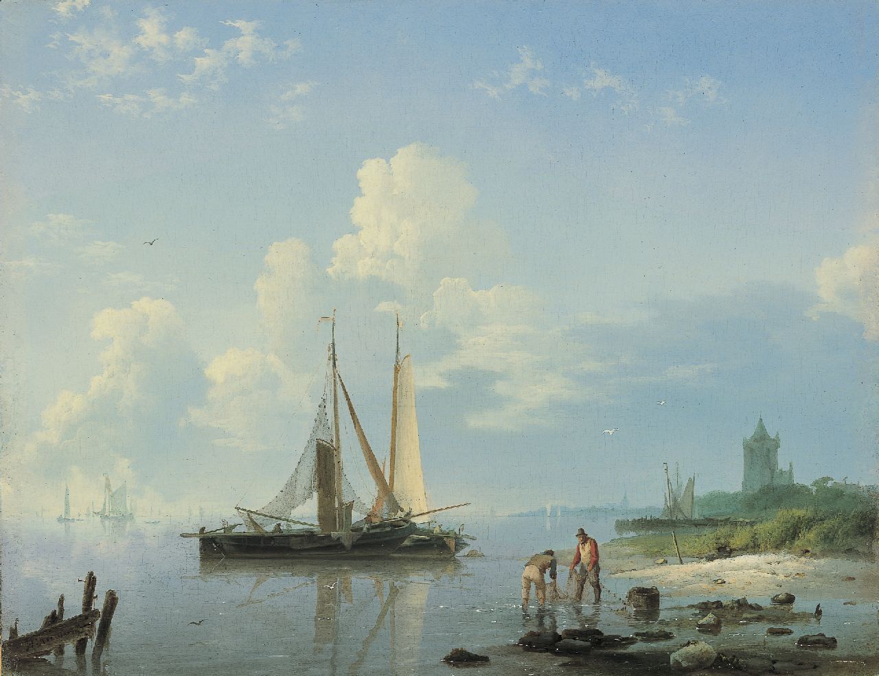 Koekkoek H.  | Hermanus Koekkoek, Shipping in a calm, oil on panel 21.5 x 27.6 cm, signed l.l. and painted between 1833-1836