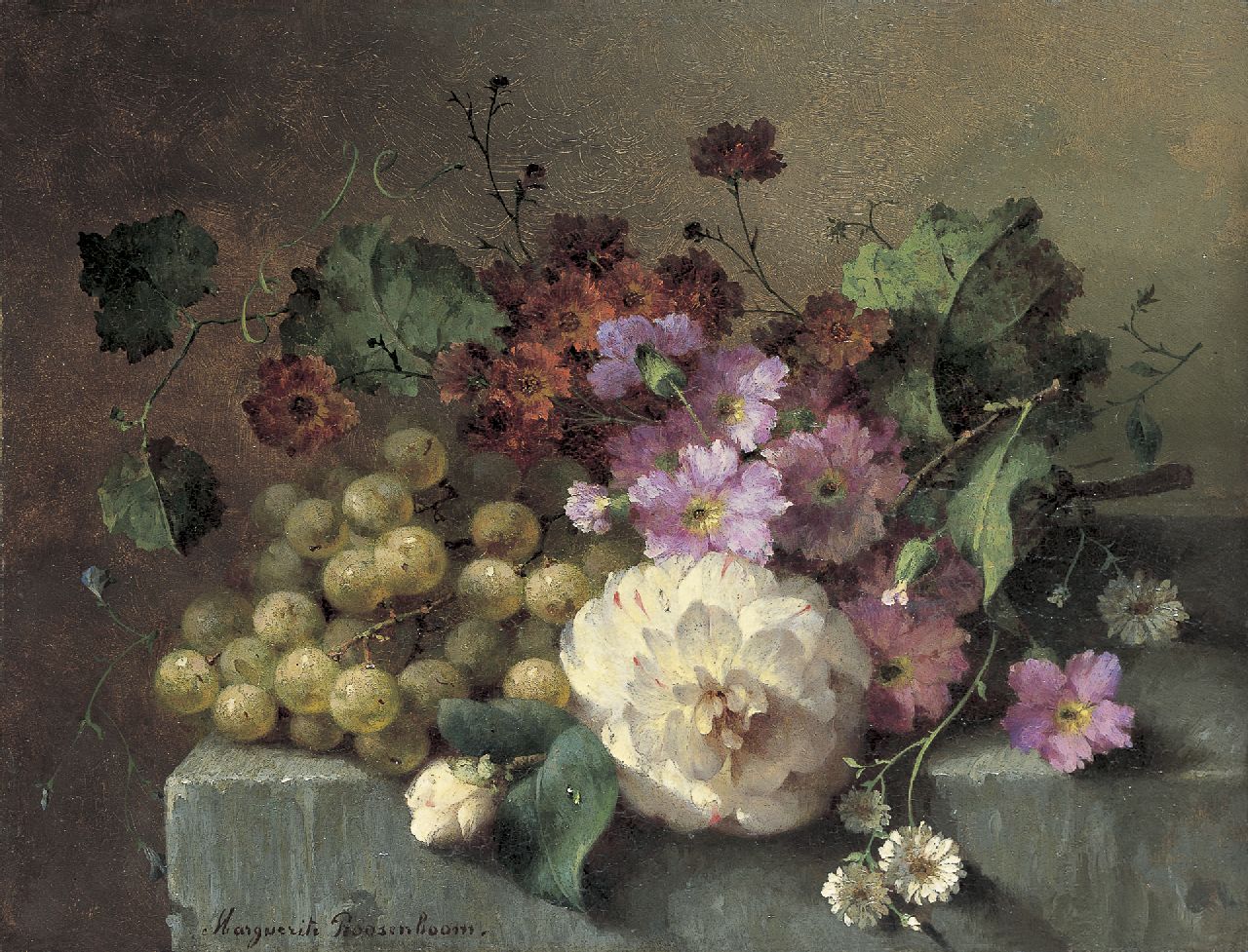 Roosenboom M.C.J.W.H.  | 'Margaretha' Cornelia Johanna Wilhelmina Henriëtta Roosenboom, Flowers and grapes on a stone ledge, oil on panel 26.0 x 33.9 cm, signed l.l.