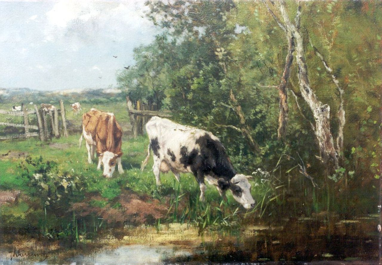 Scherrewitz J.F.C.  | Johan Frederik Cornelis Scherrewitz, Cows on the riverbank, oil on canvas 35.0 x 50.2 cm, signed l.l.