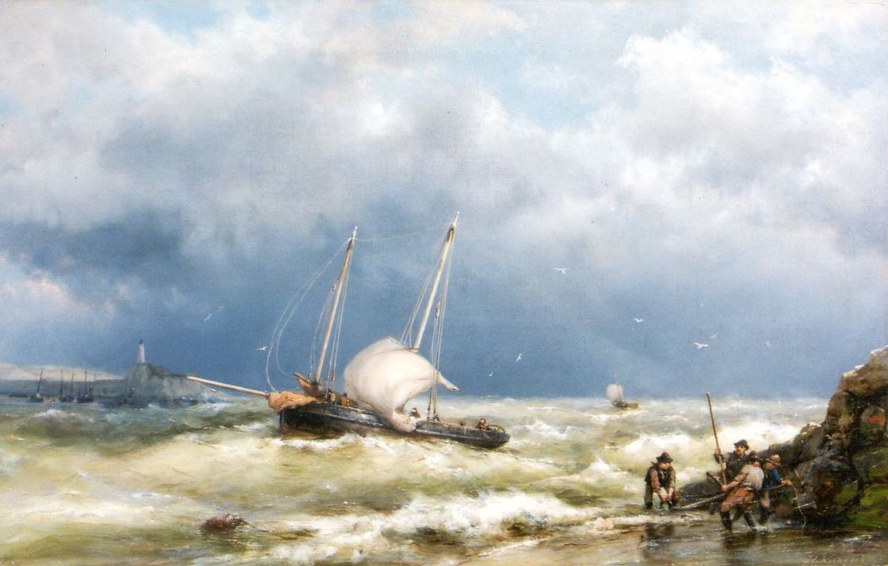 Koekkoek H.  | Hermanus Koekkoek, Shipping in a stiff breeze, oil on canvas 37.1 x 58.3 cm, signed l.r.