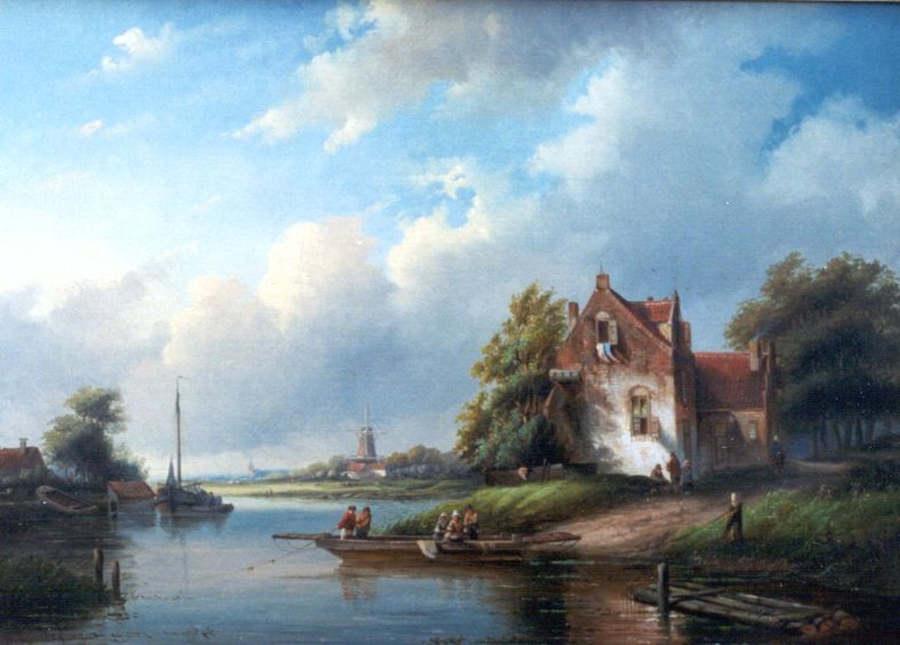 Spohler J.J.  | Jan Jacob Spohler, A river landscape with a ferry, oil on canvas 56.5 x 78.5 cm, signed l.l.