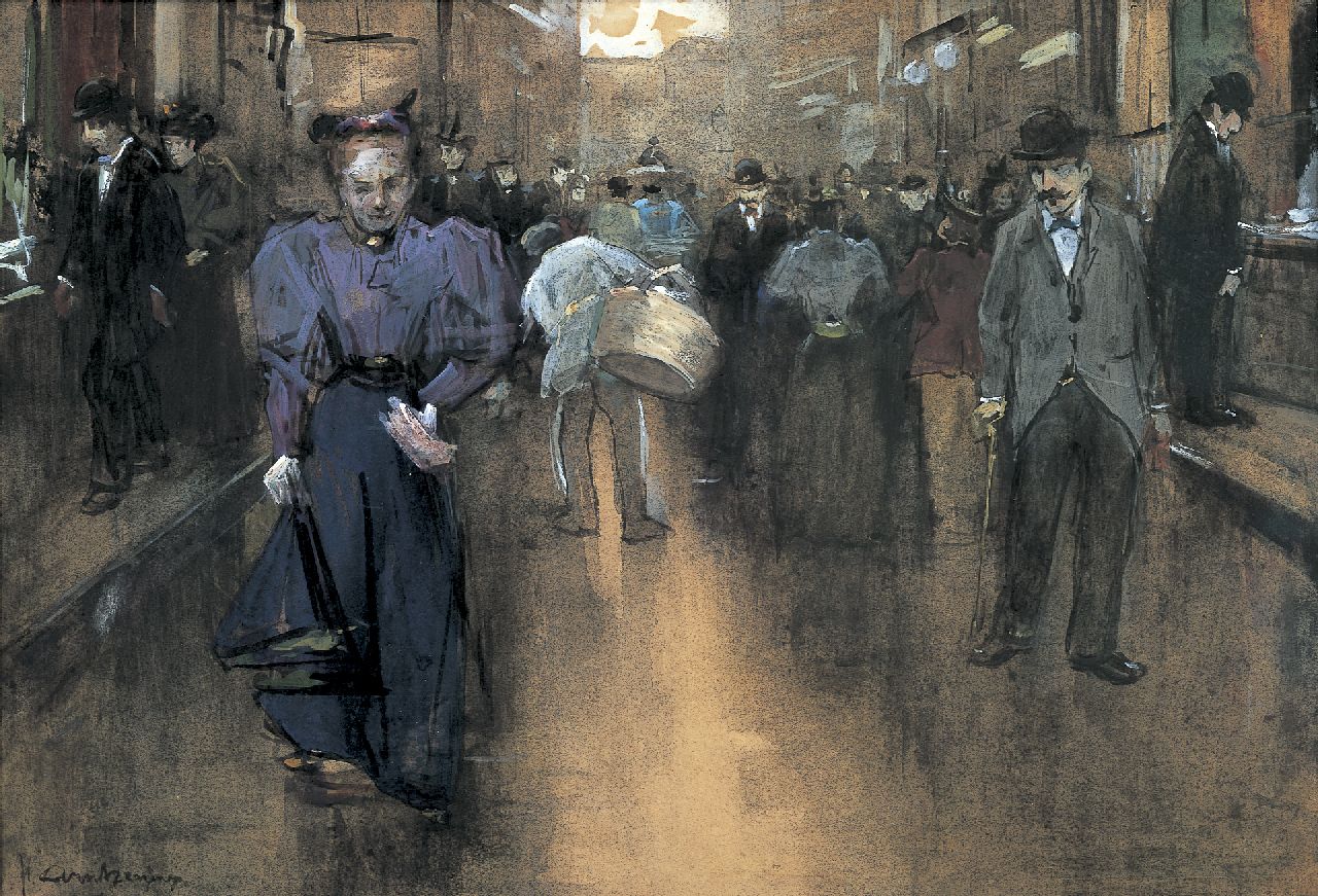 Arntzenius P.F.N.J.  | Pieter Florentius Nicolaas Jacobus 'Floris' Arntzenius, A view of the 'Spuistraat', The Haque, black chalk, watercolour and gouache on paper 28.0 x 41.5 cm, signed l.l.