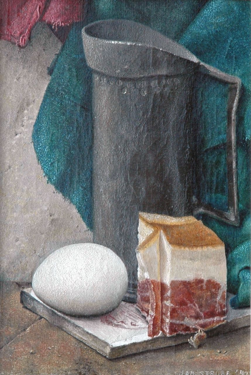 Strube J.H.  | Johan Hendrik 'Jan' Strube, Ham and egg, oil on canvas 25.0 x 17.7 cm, signed l.r. and dated '42