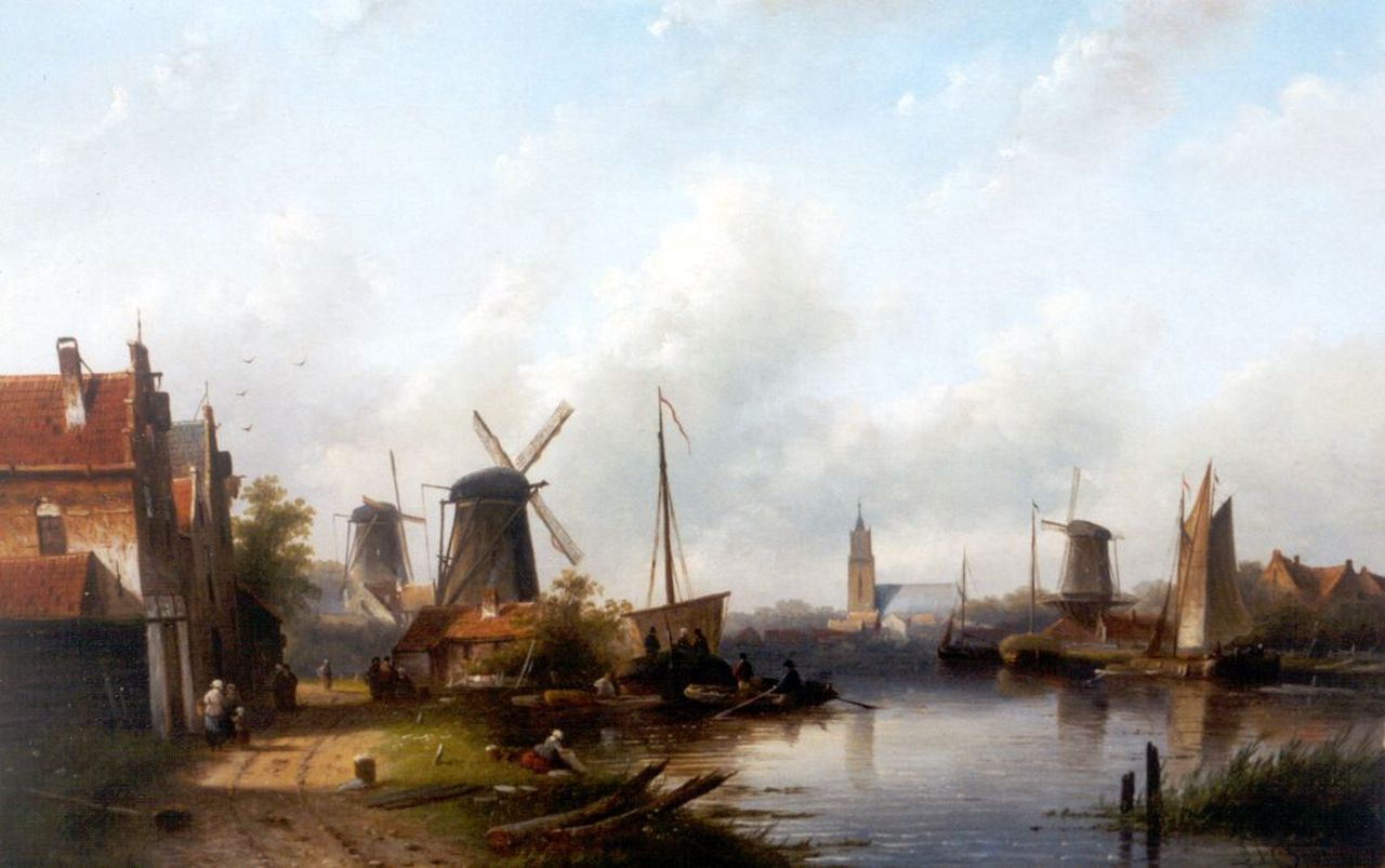 Spohler J.J.C.  | Jacob Jan Coenraad Spohler, Daily activities along a canal, oil on canvas 43.4 x 67.3 cm, signed l.r.