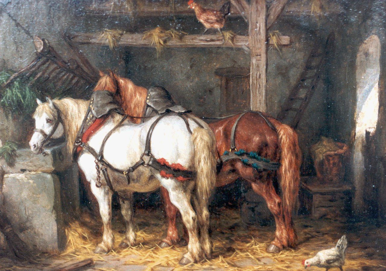 Boogaard W.J.  | Willem Johan Boogaard, Horses in a stable, oil on panel 19.8 x 27.0 cm, signed l.r. and dated 1876