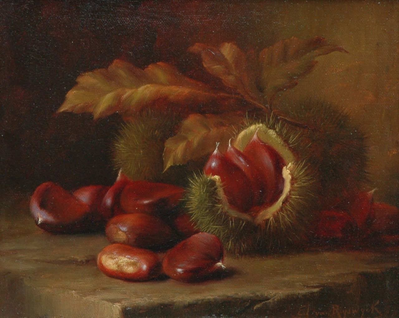 Ryswyck E. van | Edward van Ryswyck, Still life with sweet chestnuts, oil sketch on painter's board 21.8 x 26.8 cm, signed l.r.