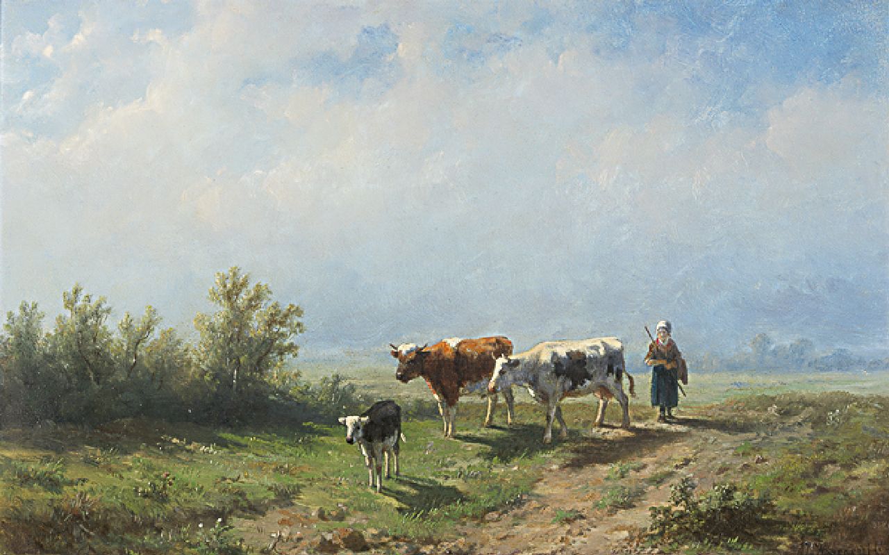 Wijngaerdt A.J. van | Anthonie Jacobus van Wijngaerdt, Out to pasture at dawn, oil on panel 23.0 x 36.1 cm, signed l.r.