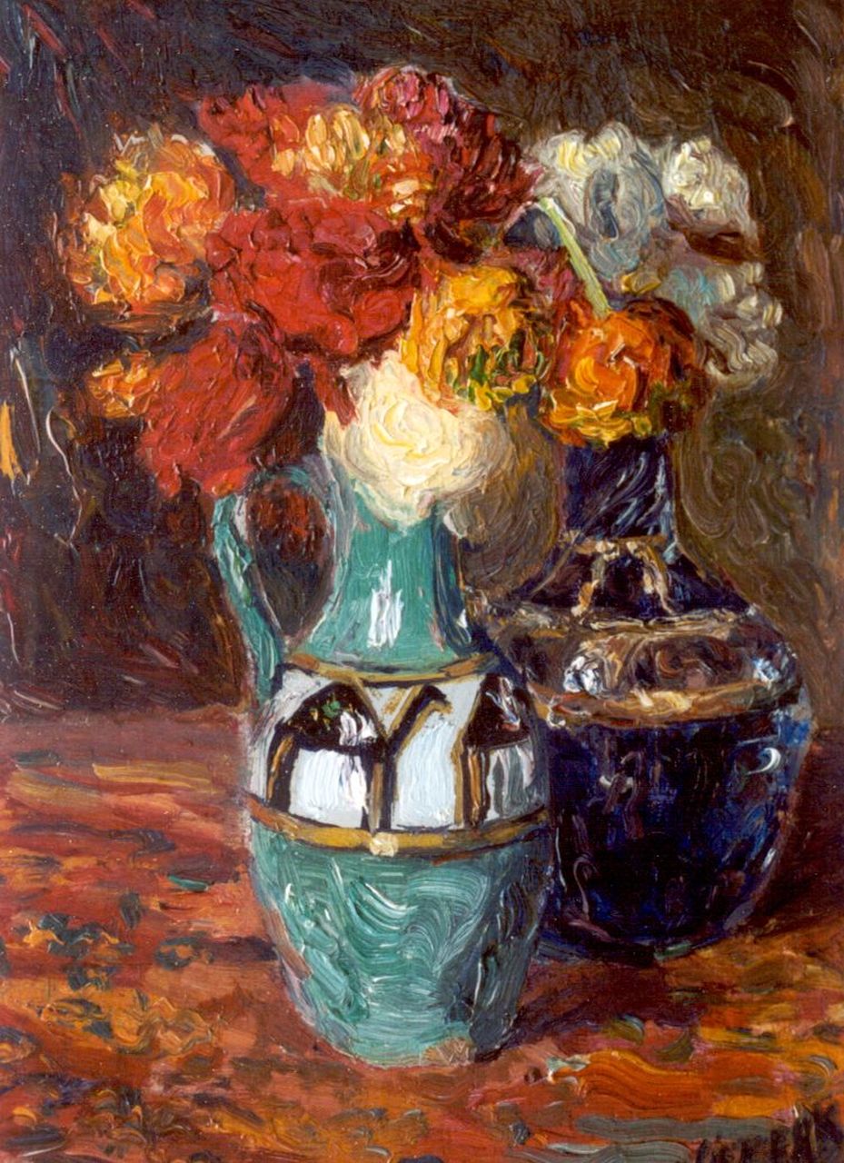 Niekerk M.J.  | 'Maurits' Joseph Niekerk, Still life of two vases with flowers, oil on panel 30.9 x 21.8 cm, signed l.r.