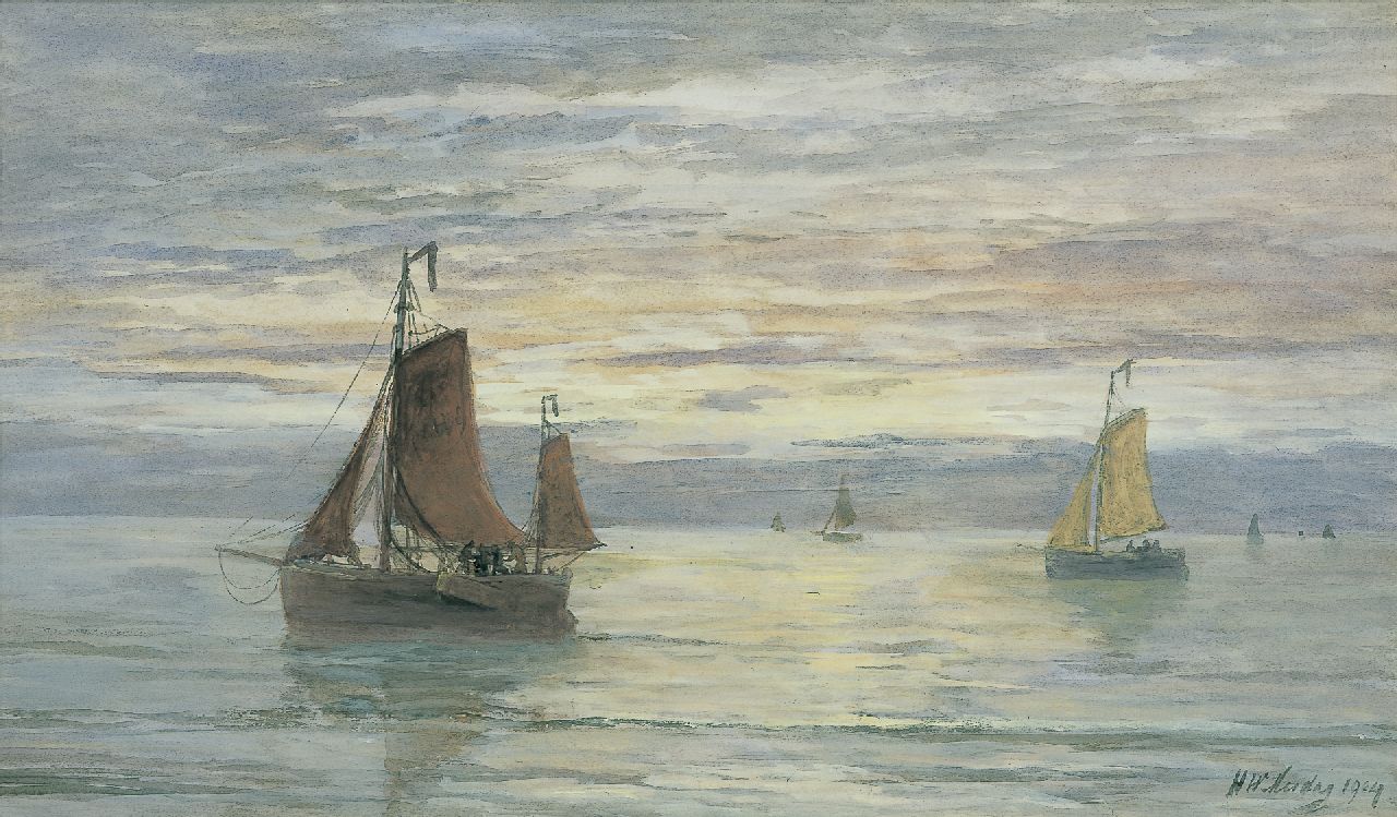 Mesdag H.W.  | Hendrik Willem Mesdag, Sailing vessels at dusk, watercolour on paper 39.3 x 66.5 cm, signed l.r. and dated 1904