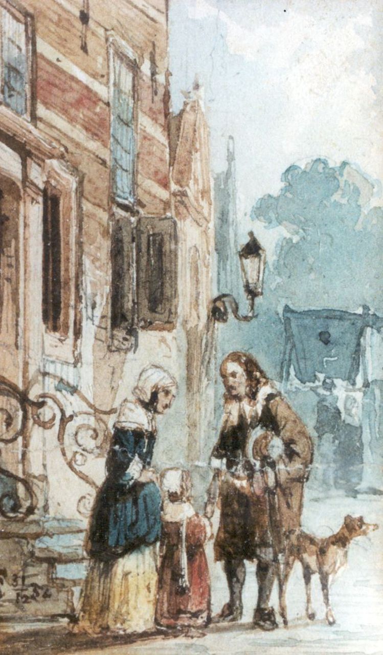 Springer C.  | Cornelis Springer, The conversation, watercolour on paper 7.8 x 5.0 cm, signed l.l. with monogram and executed on 31/12-52