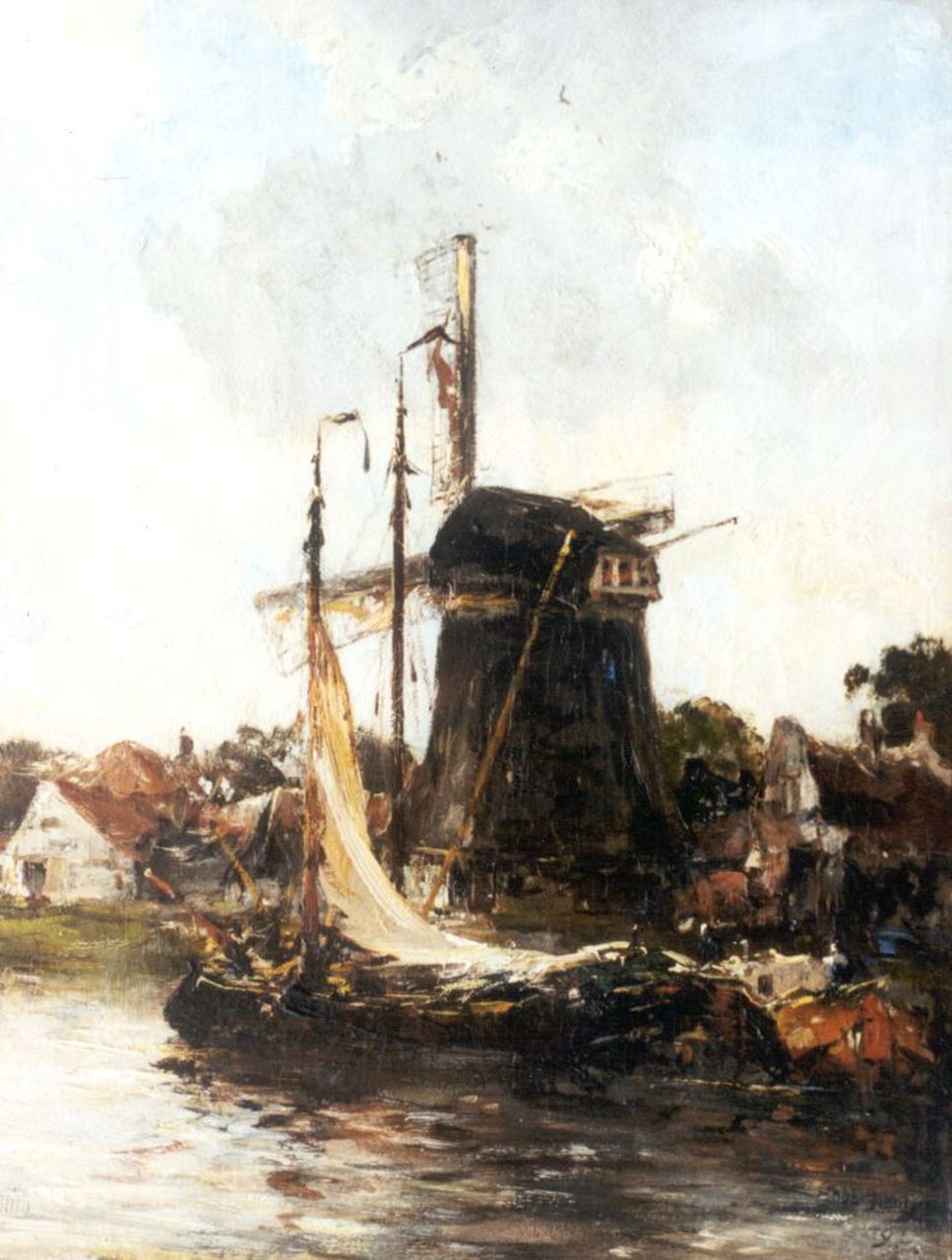 Smith H.  | Hobbe Smith, Moored shipping by a windmill, oil on canvas 48.2 x 38.8 cm, signed l.l.