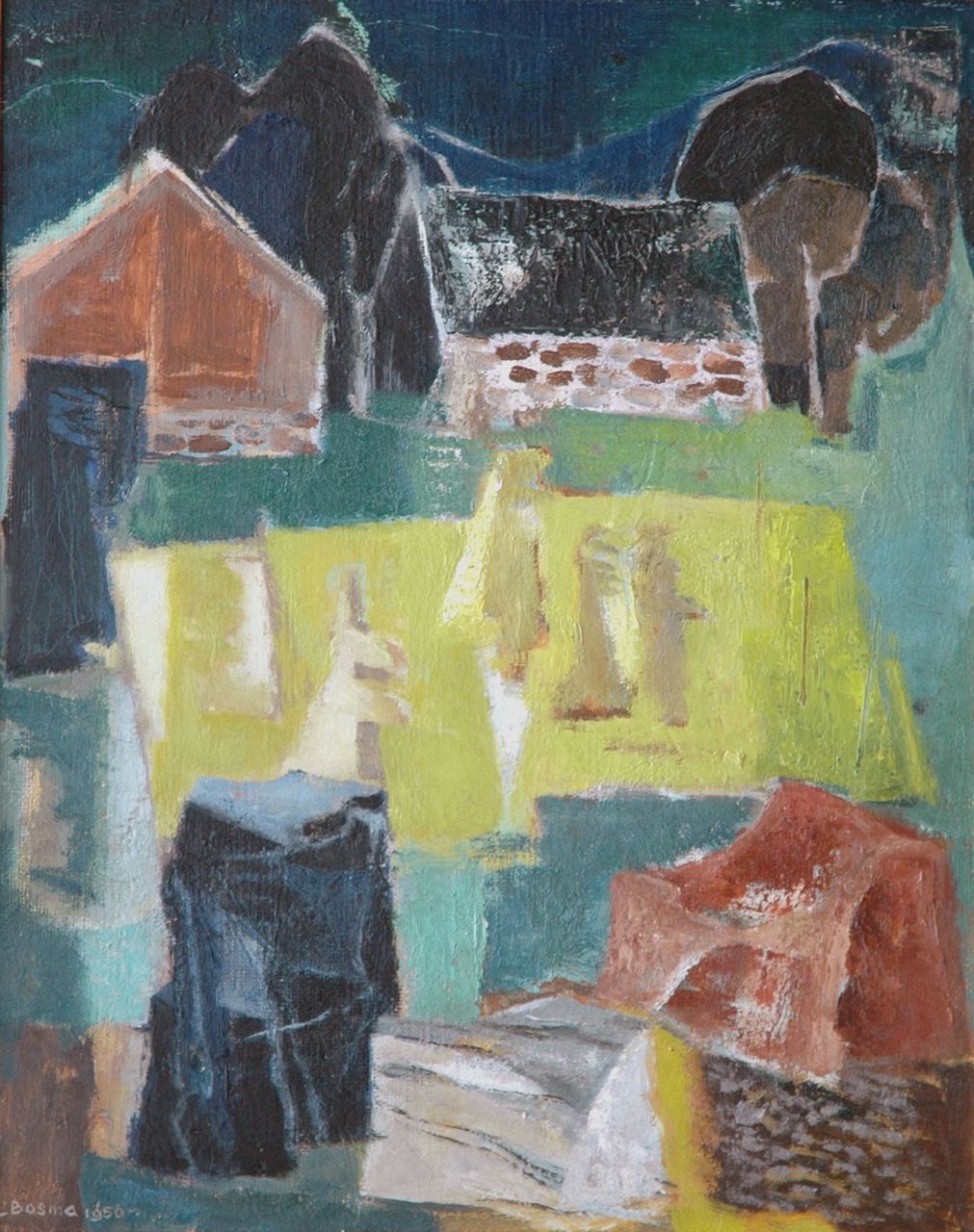 Bosma W.  | Willem 'Wim' Bosma, Stones, sheafs of corn and a farm, oil on painter's board 50.0 x 40.0 cm, signed l.l. and painted 1956