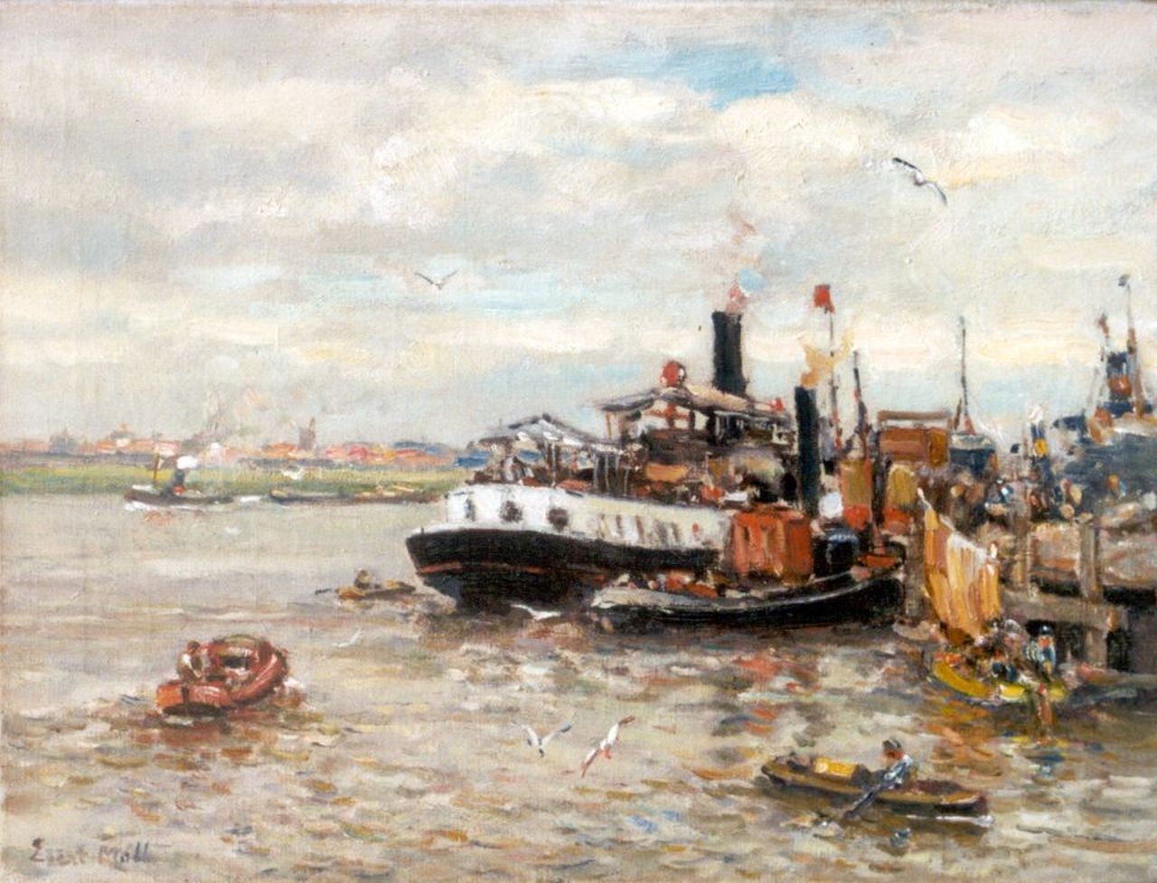 Moll E.  | Evert Moll, Passenger's service and towboats at a pier, oil on canvas 30.5 x 40.5 cm, signed l.l.