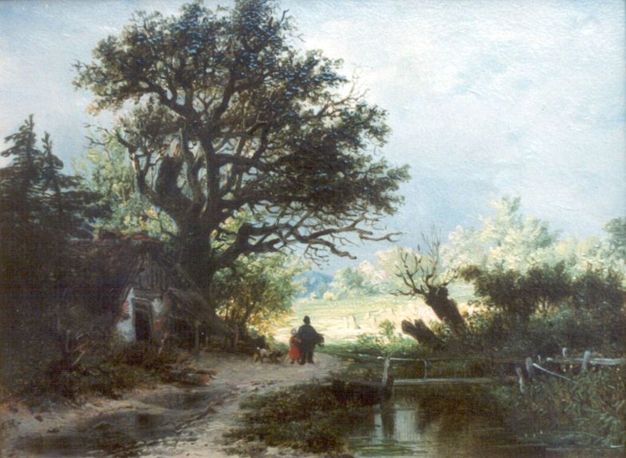 Haanen R.A.  | Remigius Adrianus Haanen, Travellers in a Landscape, oil on panel 12.4 x 16.4 cm, signed l.l. with monogram