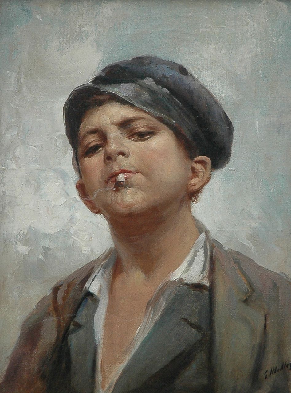 Theodora Elisabeth Wolterbeek Muller | Smoking rascal, oil on canvas, 39.5 x 29.0 cm, signed l.r.