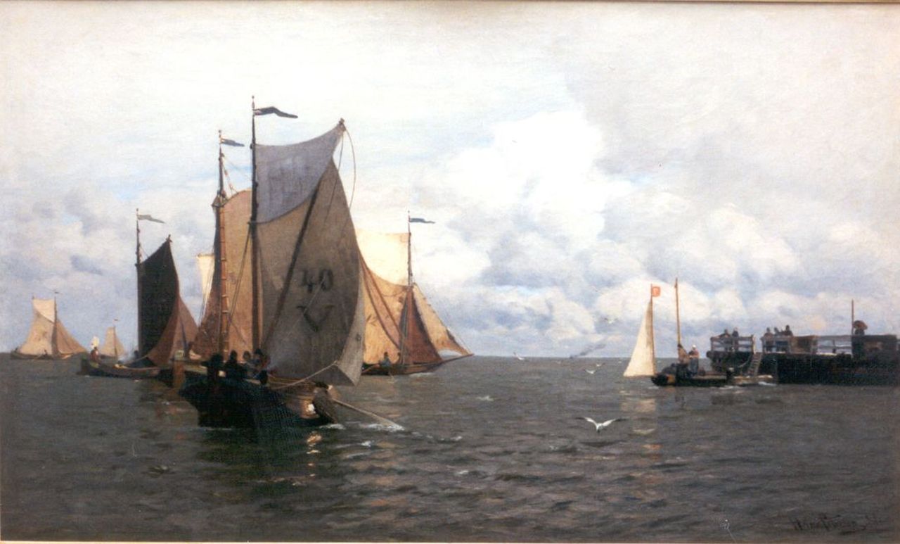 Petersen-Angeln H.  | Heinrich Wilhelm Petersen-Angeln, Sailing vessels entering the harbour of Vlissingen, oil on canvas 79.9 x 132.8 cm, signed l.r.