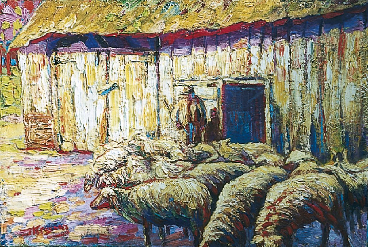 Kruysen J.  | Johannes 'Jan' Kruysen, A shepherd with flock, oil on canvas 34.2 x 51.0 cm, signed l.l.; and data  circa 1915