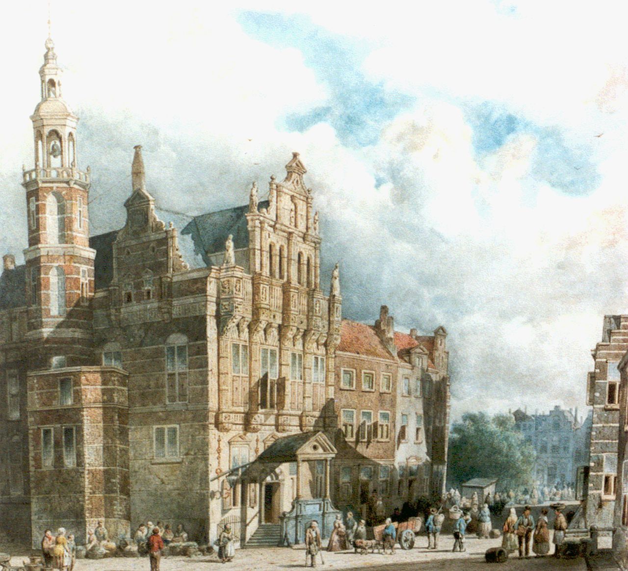Vrolijk J.A.  | Jacobus 'Adriaan' Vrolijk, Figures on a village square, The Hague, watercolour on paper 40.2 x 43.0 cm, signed l.r. and dated 1860